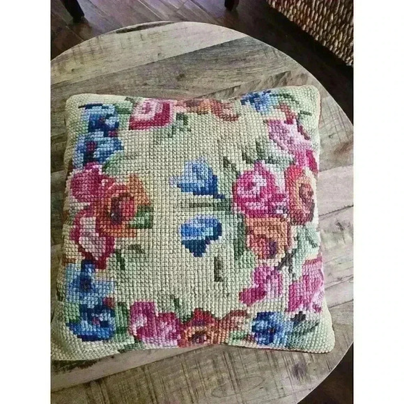 Unbranded Other - Vintage Needle Point Floral Pillow 17x17/ Velvet Backing Beautiful Colors